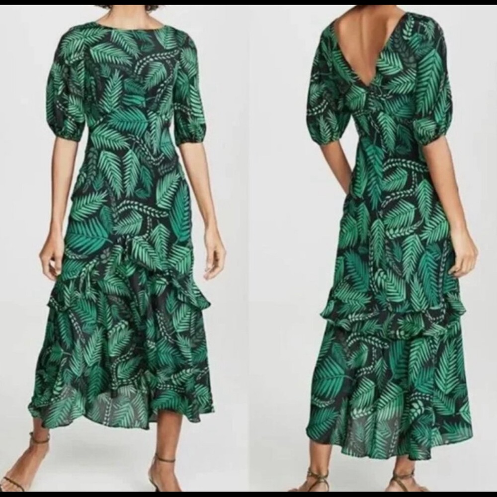 RIXO Green Leaf-Print Tiered Maxi Dress